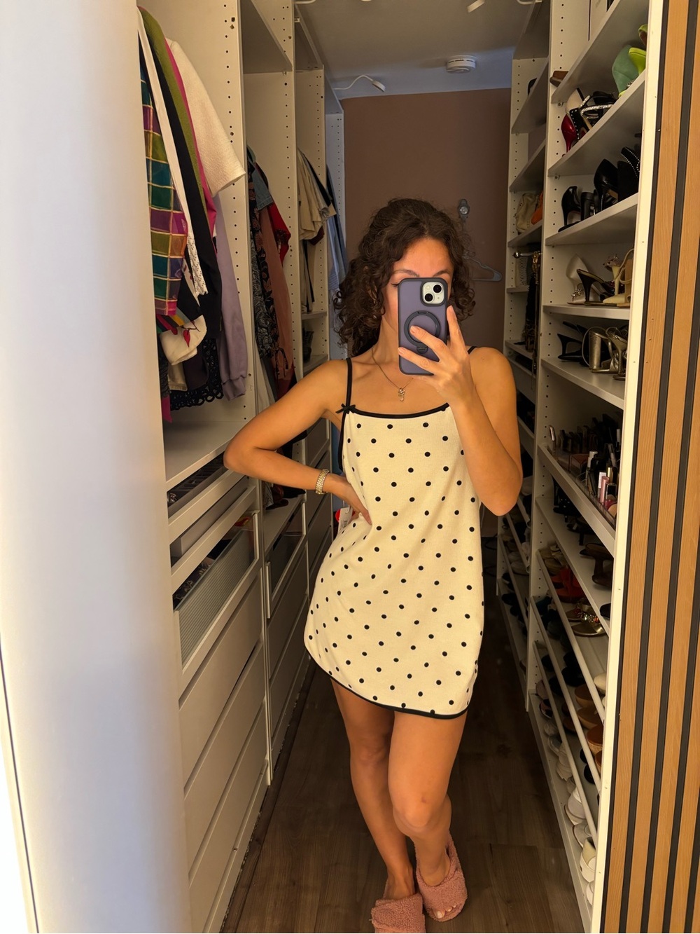 Polka Dot Slip Dress with Contrast Trim - White/Black